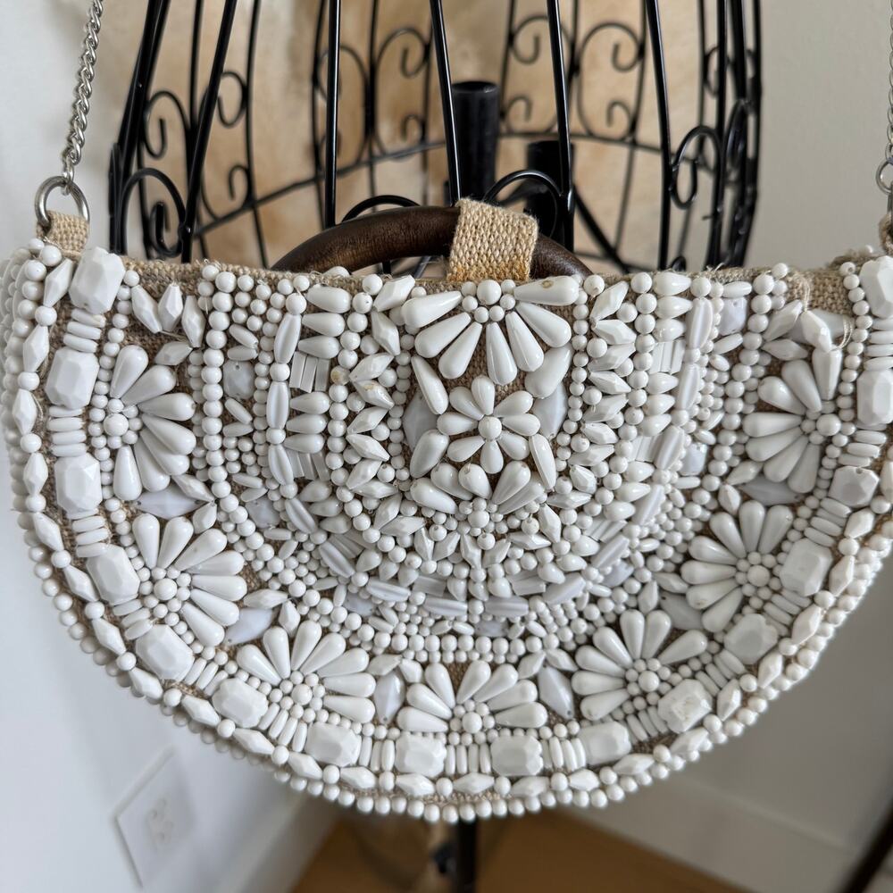 ZARA White Beaded Boho Half Moon Wooden Top Handle Convertible Bag Chain Strap - Picture 2 of 10